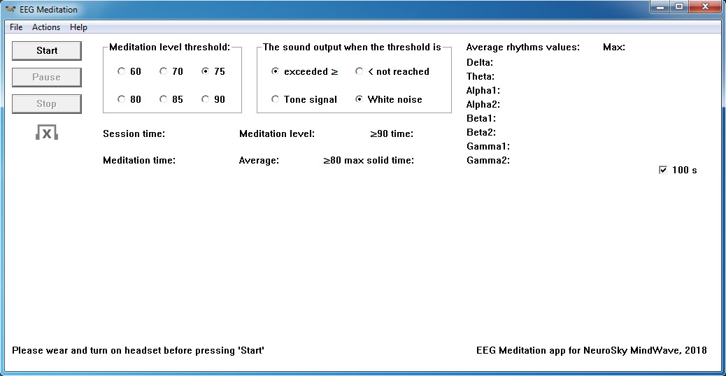 The screen of the "EEG Meditation" application for Windows when you first start it.