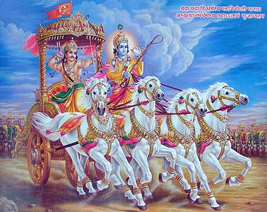 Кришна и Арджуна на колеснице во время битвы Махабхараты