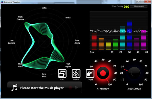 Экран приложения Brainwave Visualizer с тремя белыми пиктограммами