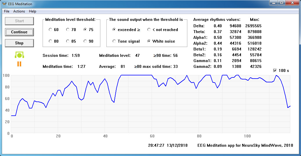 An example of the screen of the "EEG Meditation" application for Windows on pause.