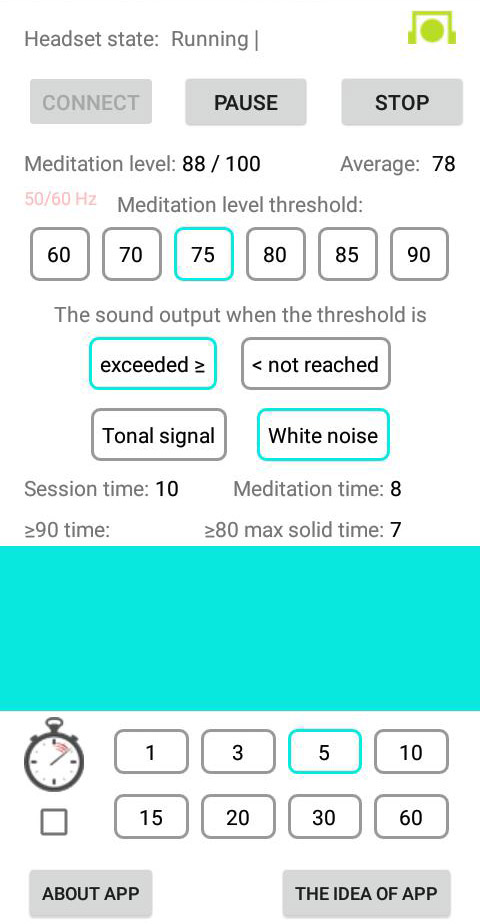 Example of displaying a 50/60 Hz high interference sign if the headset frequency is incorrectly selected and there is strong electrical interference, previously held during a meditation session