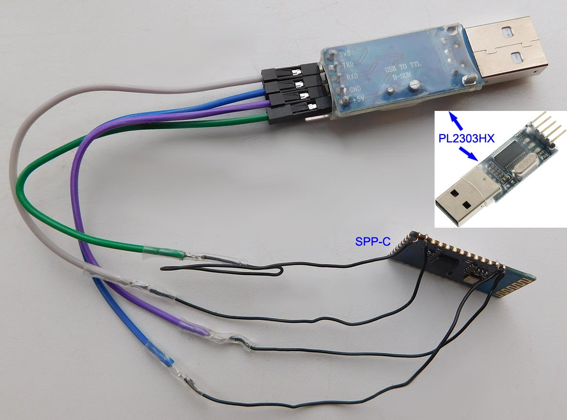 Модуль блютуса SPP-C, подключённый к преобразователю USB-TTL PL2303